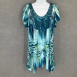 One World Tunic Top Womens Sz‎ L Blue Abstract Knit Crochet Detail Flowy Boho